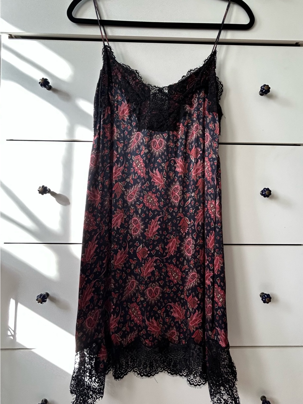 Zara Black Slip Dress with Pink Floral Print and Lace Trim